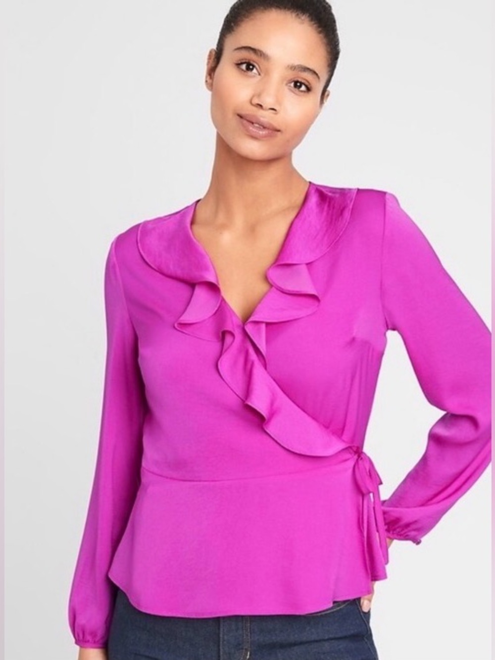 NWT Banana Republic Magenta Ruffle Wrap Top, peplum hem, size large
